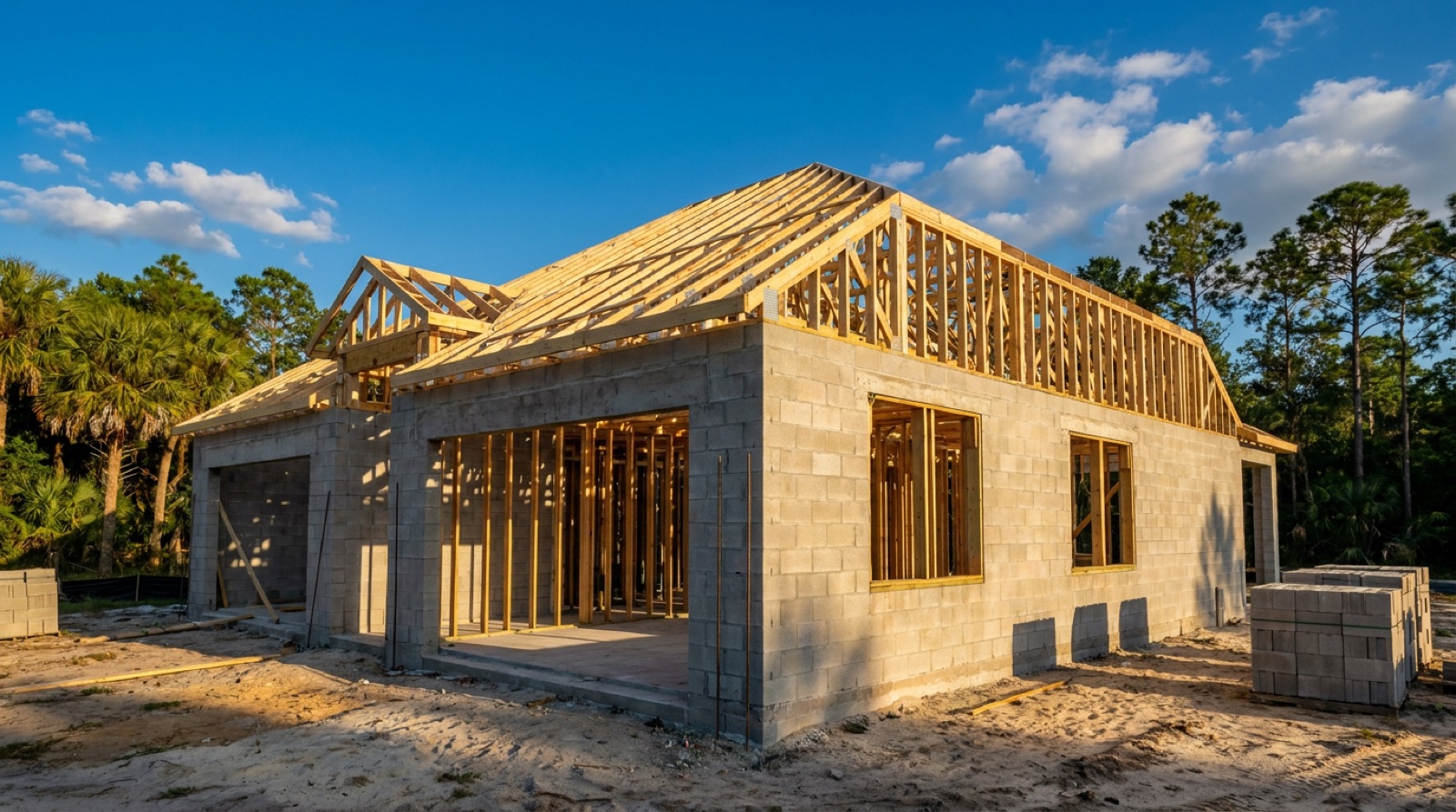 Florida new-construction home mid-build with concrete block walls and wood roof trusses